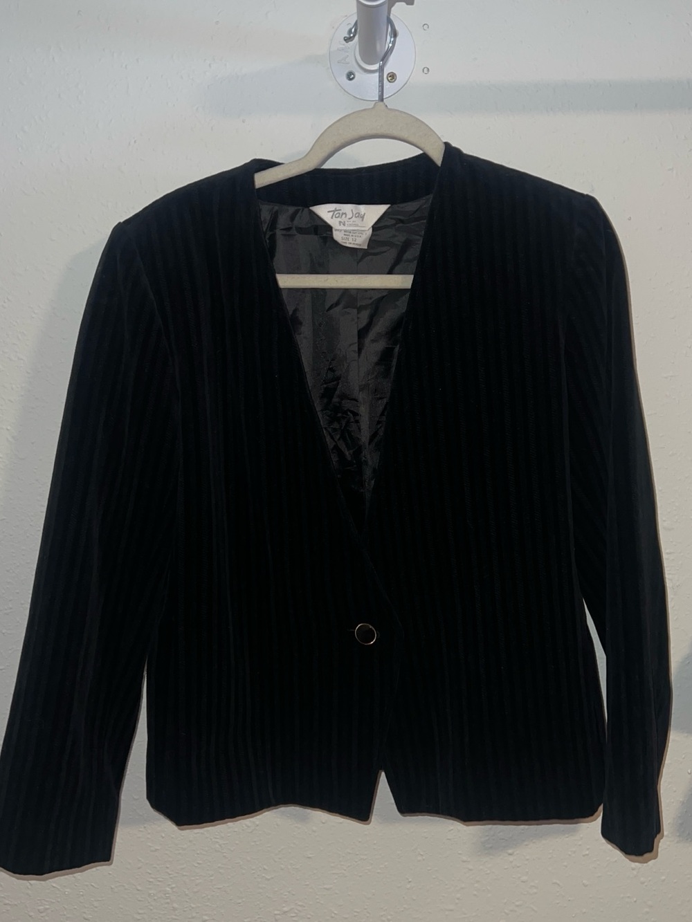 Vintage Tan Jay Black Velvet Striped Blazer Jacket Size 12 Made in USA